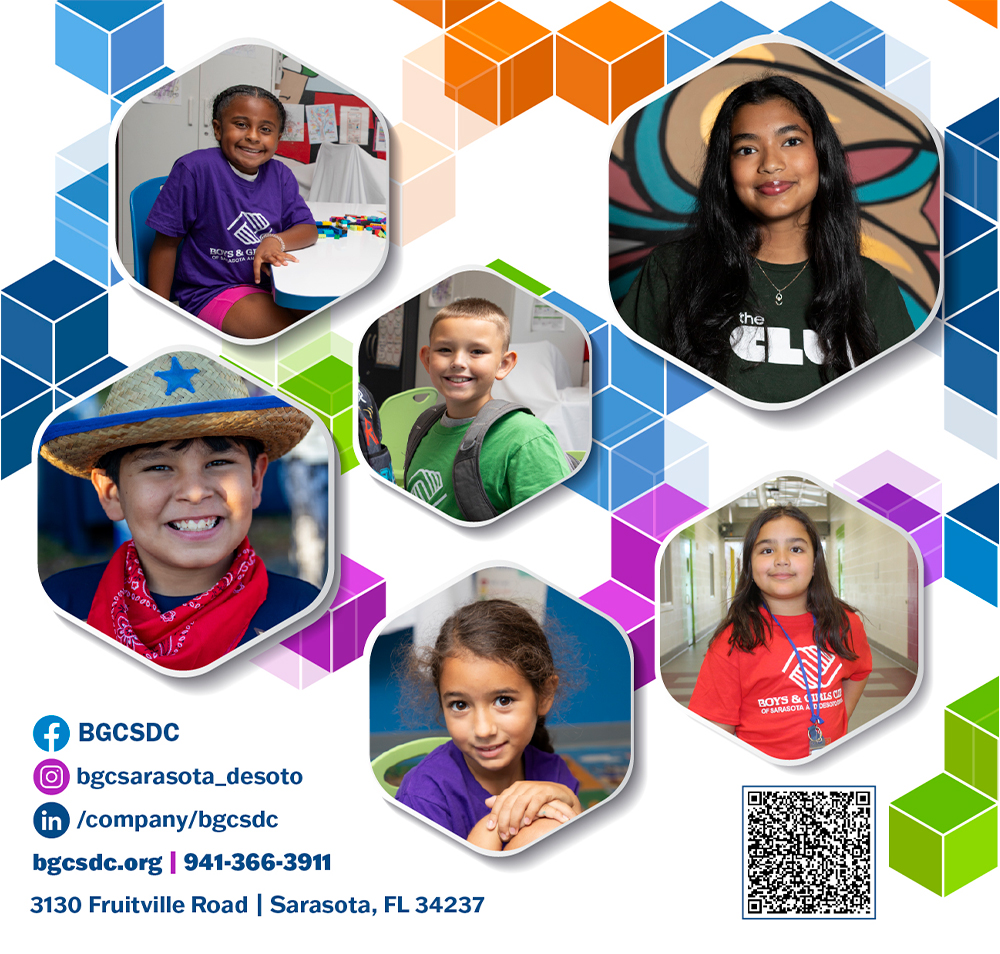 Collage of six smiling children in various settings, with Boys & Girls Clubs branding, social media icons, contact info, and a QR code at the bottom.