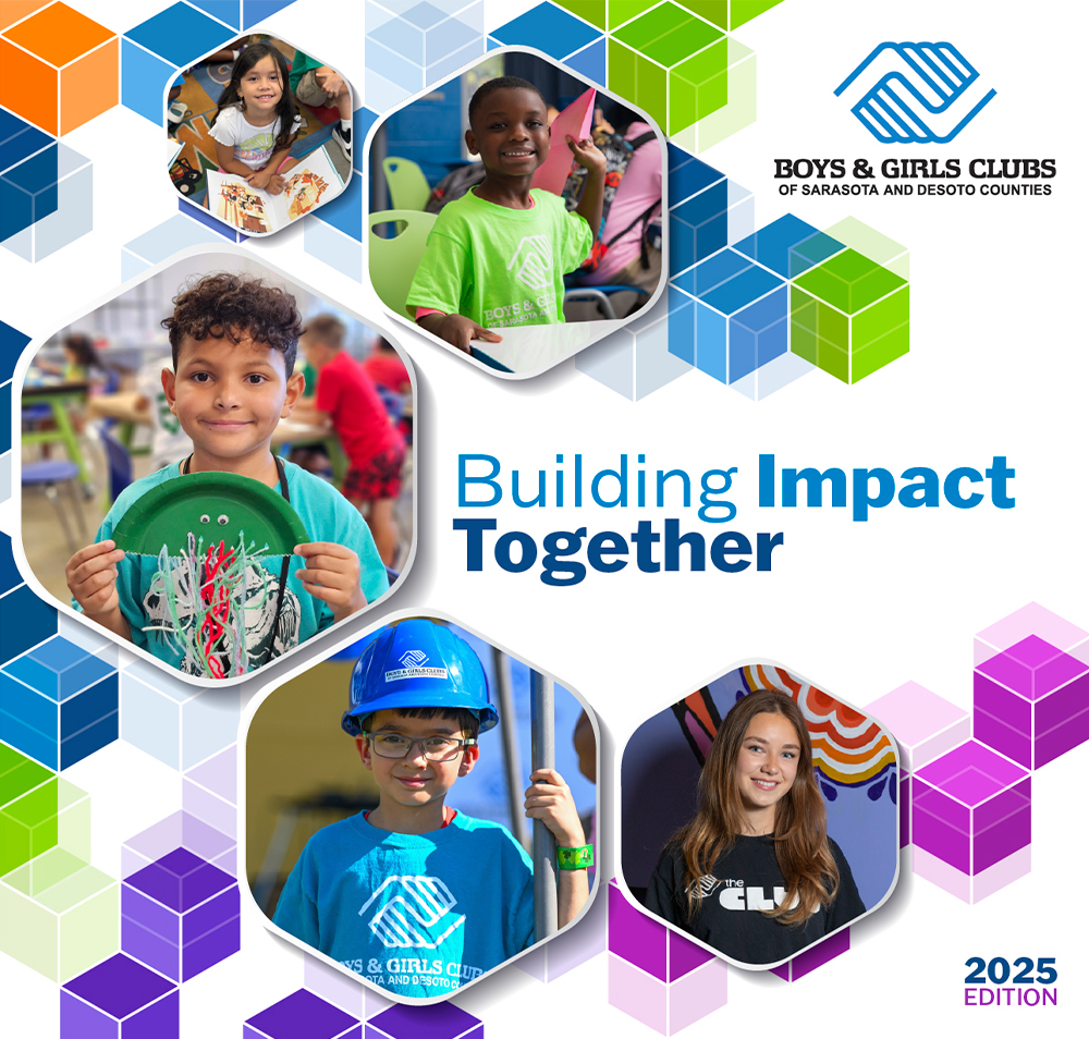 Boys & Girls Clubs 2025 edition cover featuring diverse children engaged in activities, with the text "Building Impact Together" and club logo at the top right.